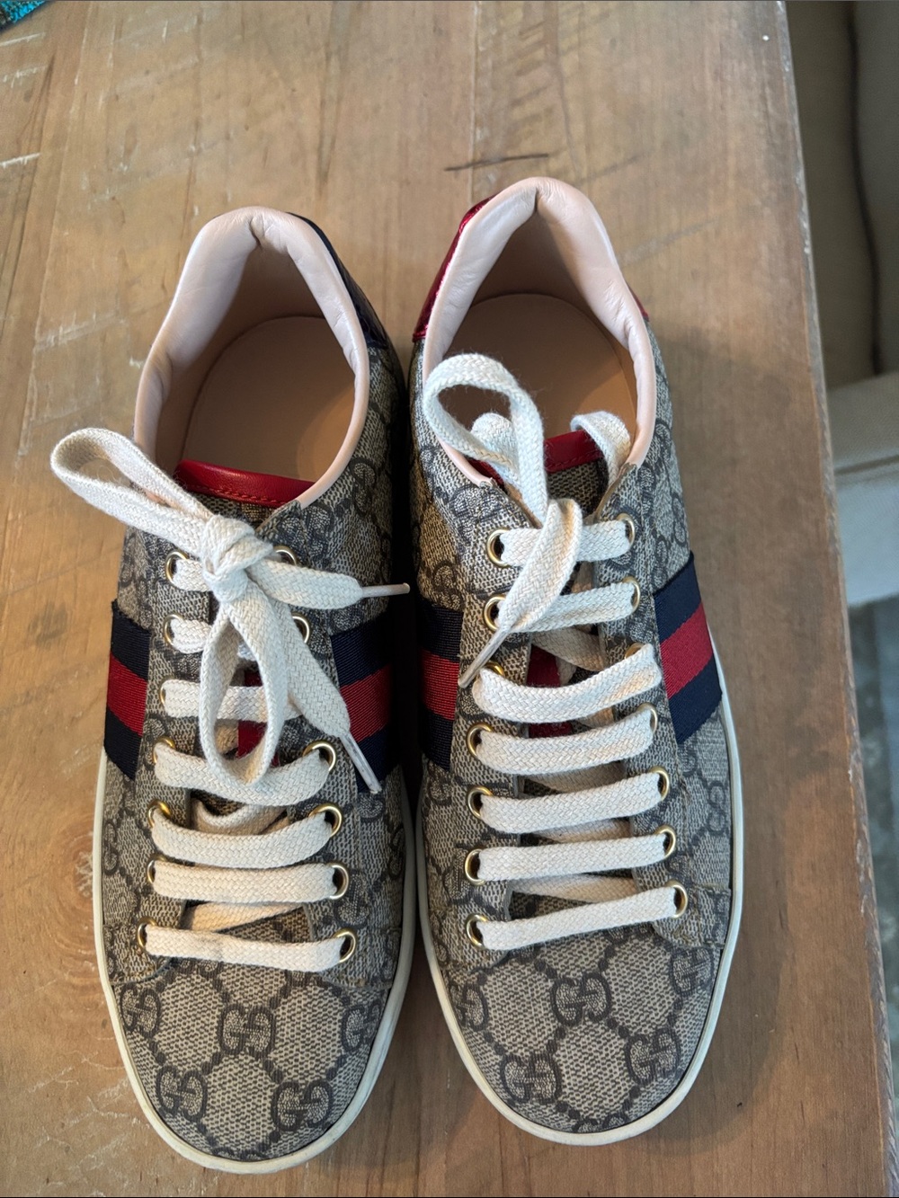 Gucci Beige GG Supreme Sneakers with Red & Navy Web Stripe